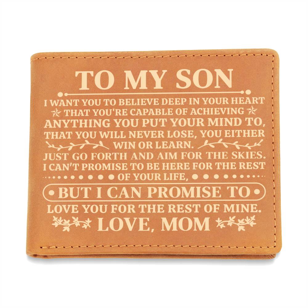 Engraved brown leather wallet for son with heartfelt message from Mom.