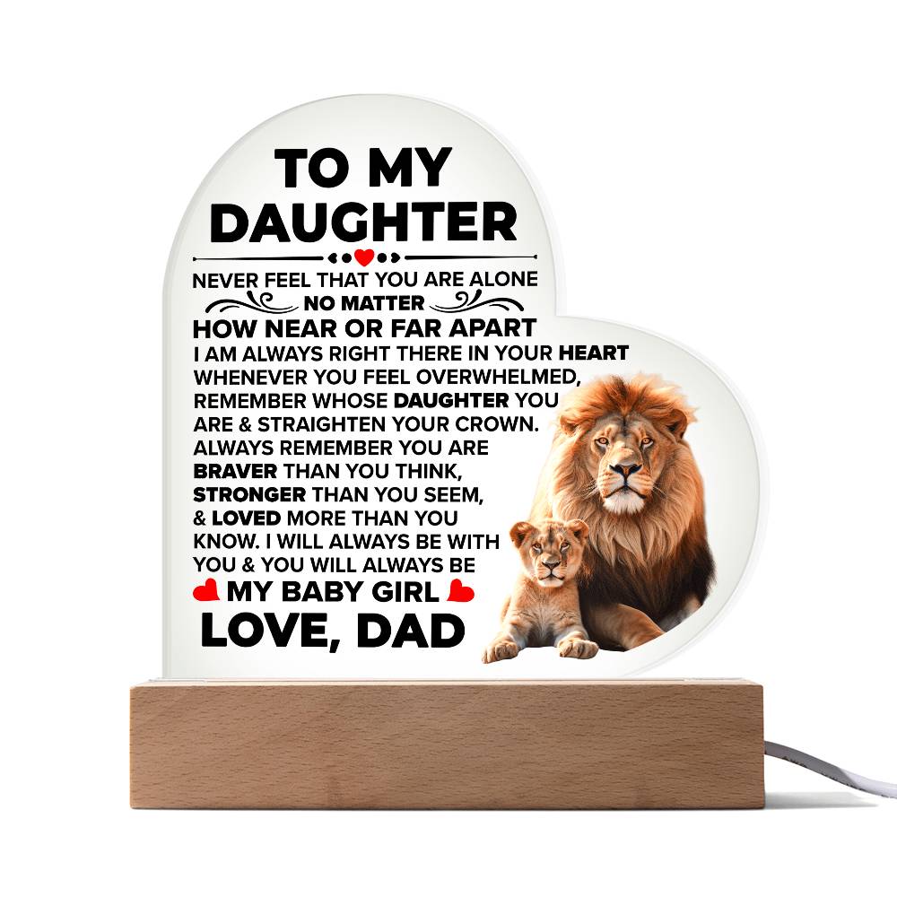 Heart-shaped daughter acrylic plaque with lion-and-cub artwork, a “Love, Dad”