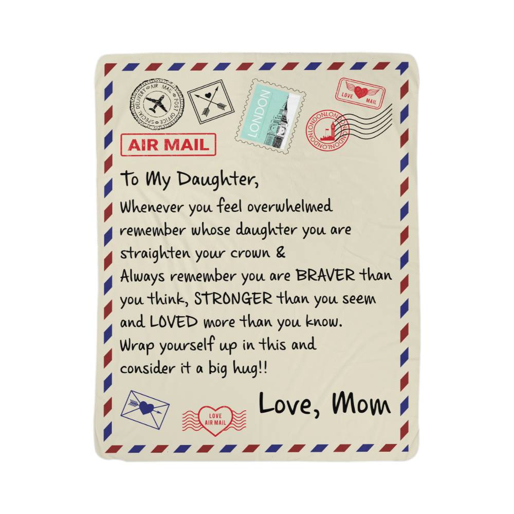 white background: Cream daughter sherpa blanket with an airmail border, postage motifs and an encouragement message signedD